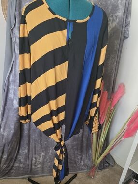 Ashley Stewart Black, Mustard & Cobalt Striped Tie-Front Top